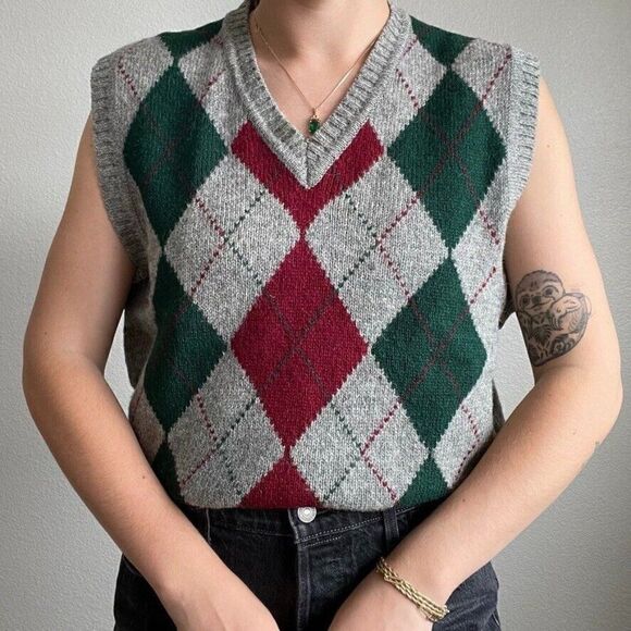 Vintage 90s Claybrooke Wool Red Green Argyle Preppy Christmas Sweater Vest Sz L - Picture 7 of 8
